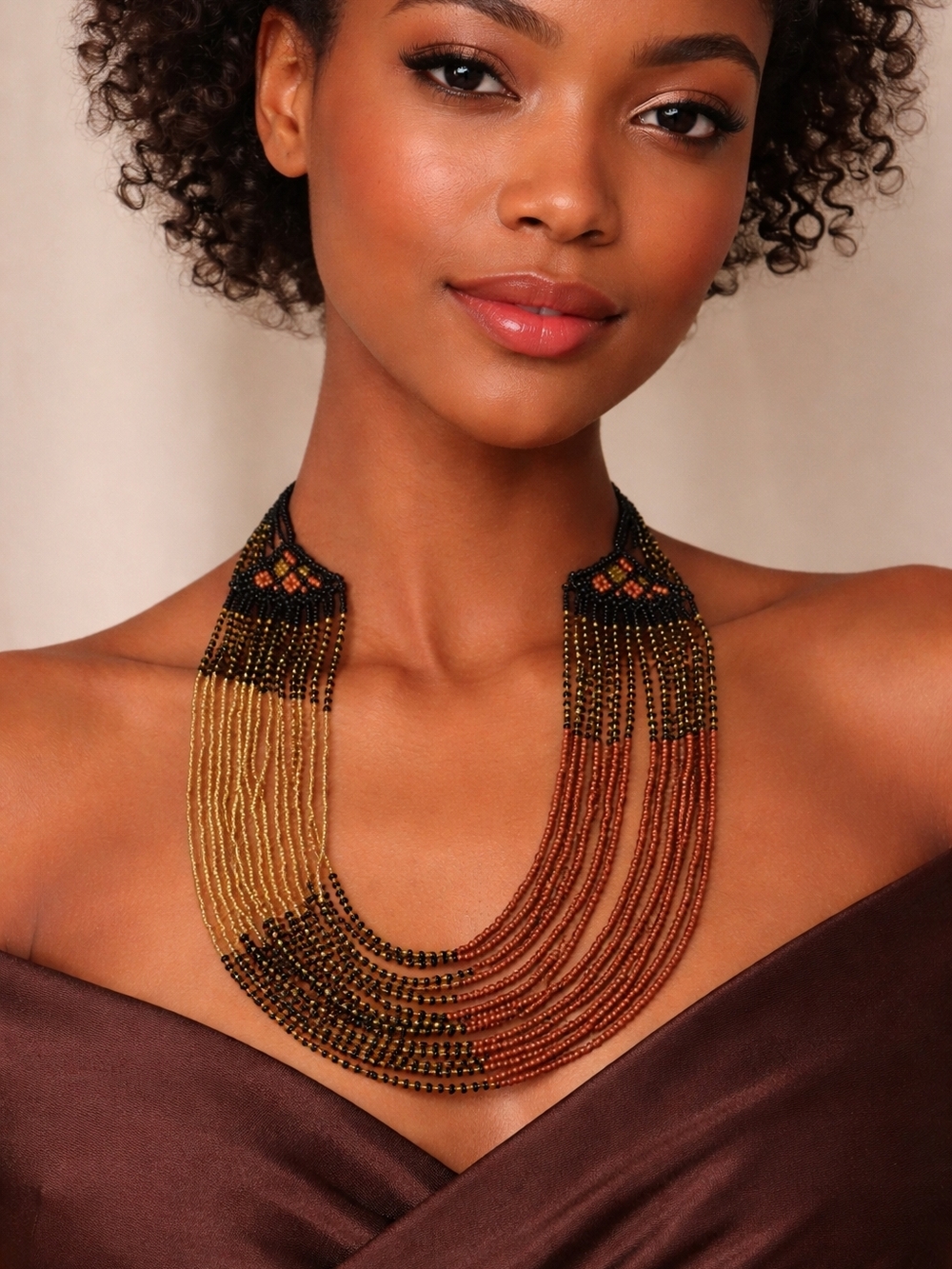 🌸Beaded  Handmade Necklace - Black, Gold & Brown 🌸